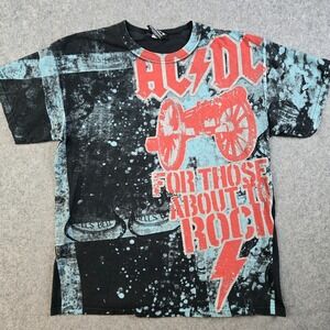 Y2K AC/DC AOP T-Shirt Mens L Black "For Those About To Rock"  Acid Wash‎